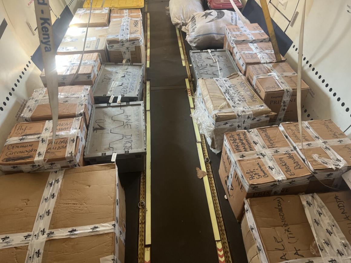 Des cartons contenant du matériel électoral se trouvent à l'intérieur d'un avion.